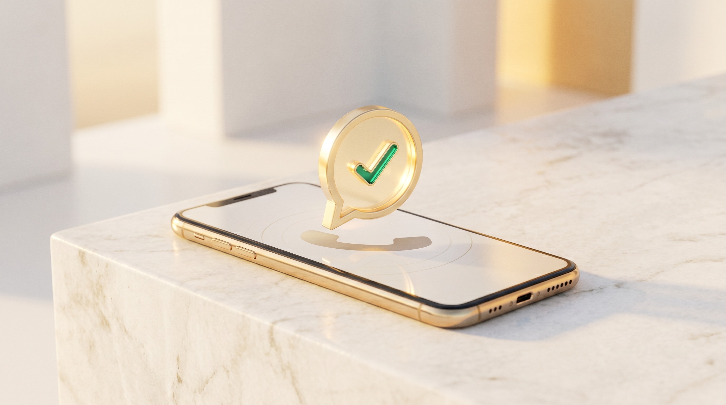 A missed call turning into a gold message bubble with an emerald check.